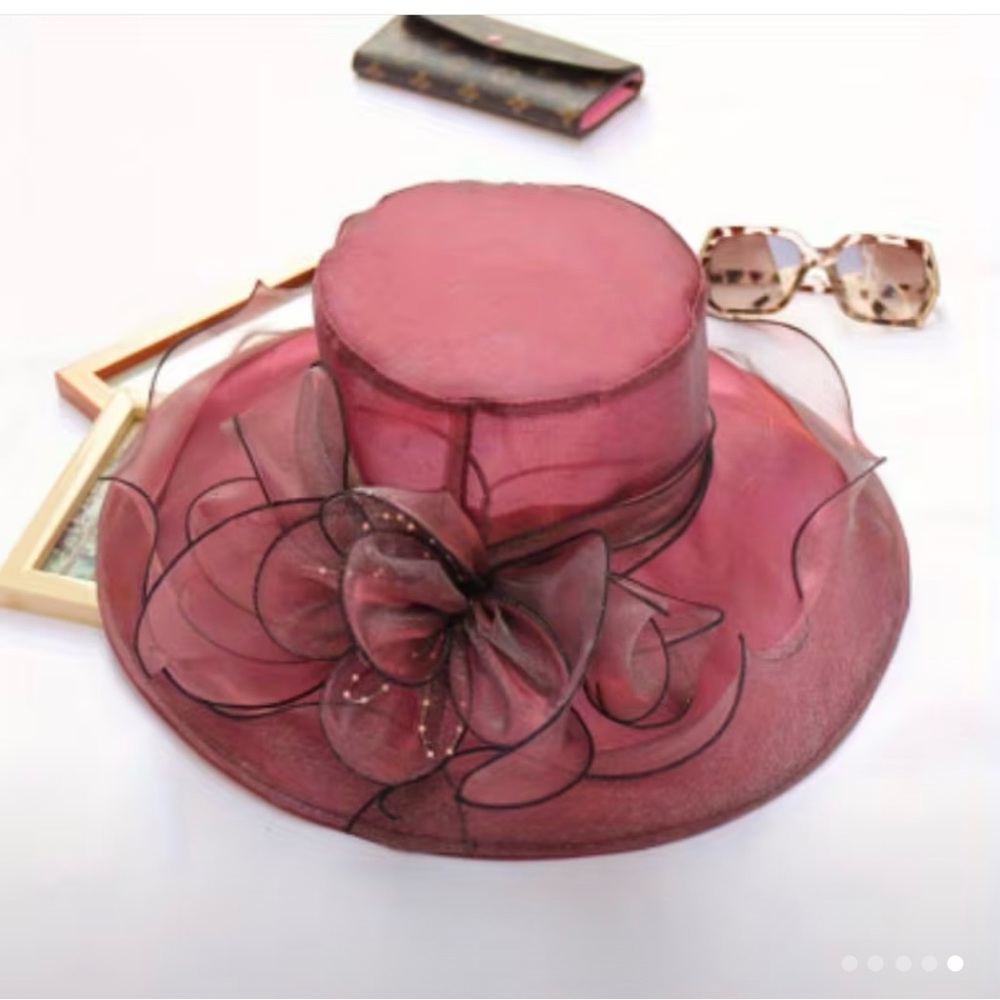 Elegant Women's Organza Wide-Brim Hat with Floral Accent - Wine Red